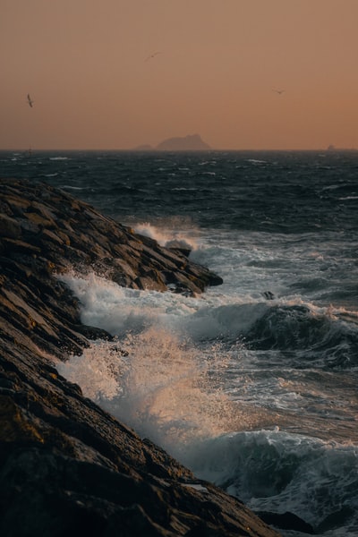 海浪撞在岩石海岸白天
